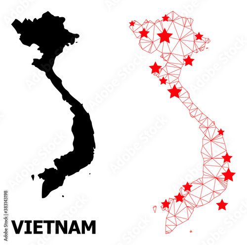 Mesh polygonal and solid map of Vietnam. Vector structure is created from map of Vietnam with red stars. Abstract lines and stars form map of Vietnam.
