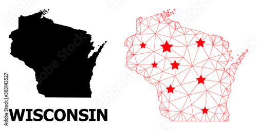 Network polygonal and solid map of Wisconsin State. Vector structure is created from map of Wisconsin State with red stars. Abstract lines and stars form map of Wisconsin State.