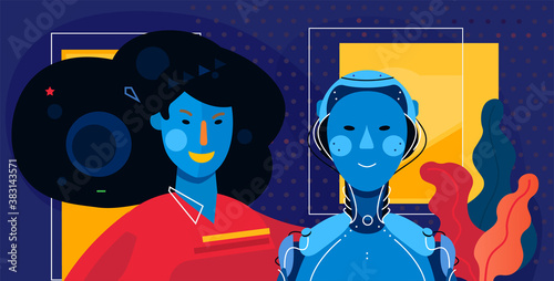 The female human and female robot with artificial intelligence friendship. Isolated detailed illustration of AI friendship or relationship application. Emotional and psycologic help and support.
