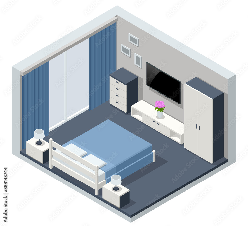 Isometric Minimalist Bedroom Interior with Double Bed. Urban Contemporary Modern Scandinavian Bedroom Interior Design. Isometric Minimalist Bedroom Interior with Double Bed. Urban Contemporary Modern Scandinavian Bedroom Interior Design.