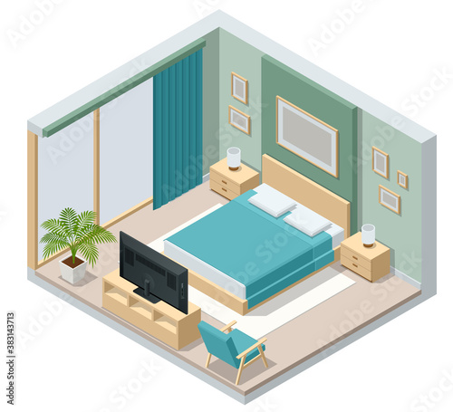 Isometric Minimalist Bedroom Interior with Double Bed. Urban Contemporary Modern Scandinavian Bedroom Interior Design.