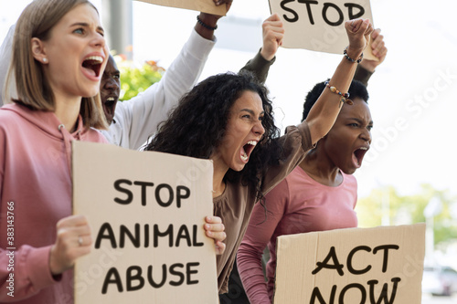 Φωτογραφία International group of strikers with banners, defending animal rights