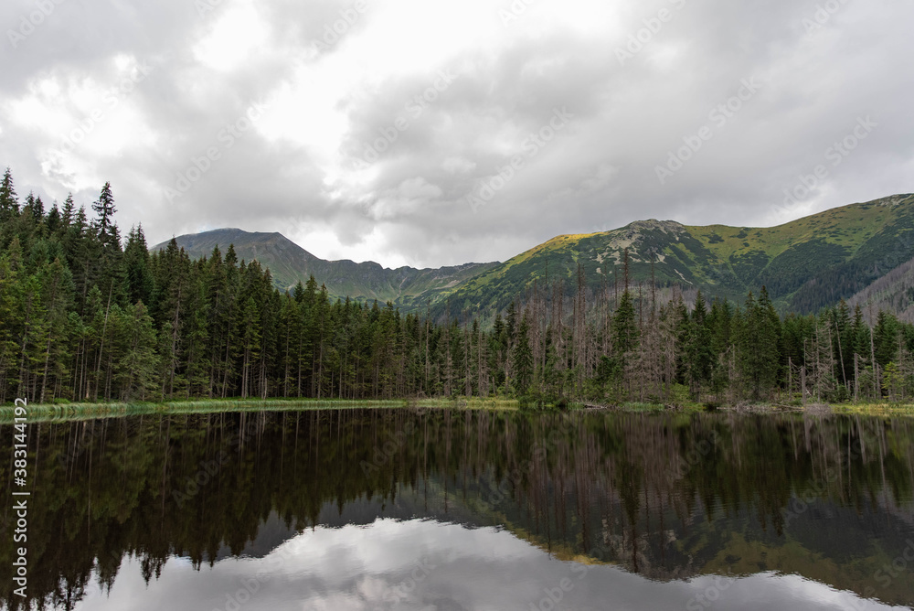 Smreczynski Pond, Smreczyński staw, lake in mountains gloomy scenery, tatra mountains landscape