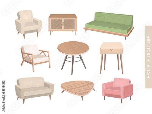 Home furniture vector elements set. Modern sofa, armchair, credenza, coffee table illustrations