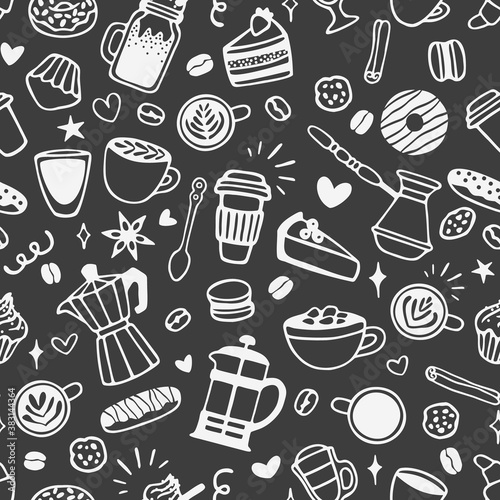 Vector seamless pattern with different coffee and dessert elements. Cute hand drawn design for wrapping paper, wallpaper, textile