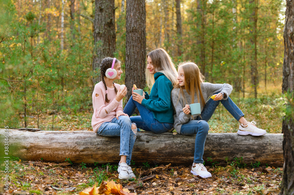 Mom with two daughters have fun talking in the autumn forest. Picnic in nature Mom with two daughters have fun talking in the autumn forest. Picnic in nature