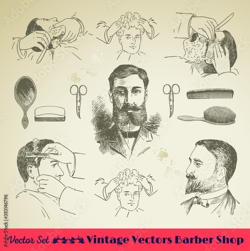 Collection of hand drawn barber and hairdresser drawing vintage retro art