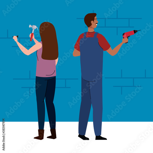 woman and man with construction drill and hammer design of remodeling working and repairing theme Vector illustration