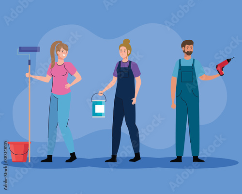 women and man with construction drill paint roll and buckets design of remodeling working and repairing theme Vector illustration