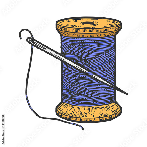 Spool of blue thread with a needle. Scratch board imitation. Color hand drawn image.