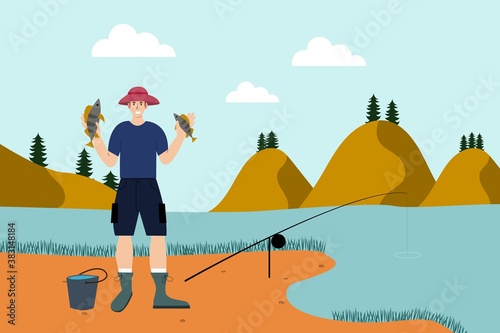 Beautiful illustration with male fisherman caught two fish with a rod by lake on landscape background. Summer background. Vector design. Adventure tourism, fishing outdoor recreation tourism.