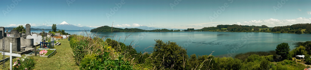 Cementery at Llanguihue lake and Osorno Volcano, Puerto Varas, Chile, South America. Cementery at Llanguihue lake and Osorno Volcano, Puerto Varas, Chile, South America.