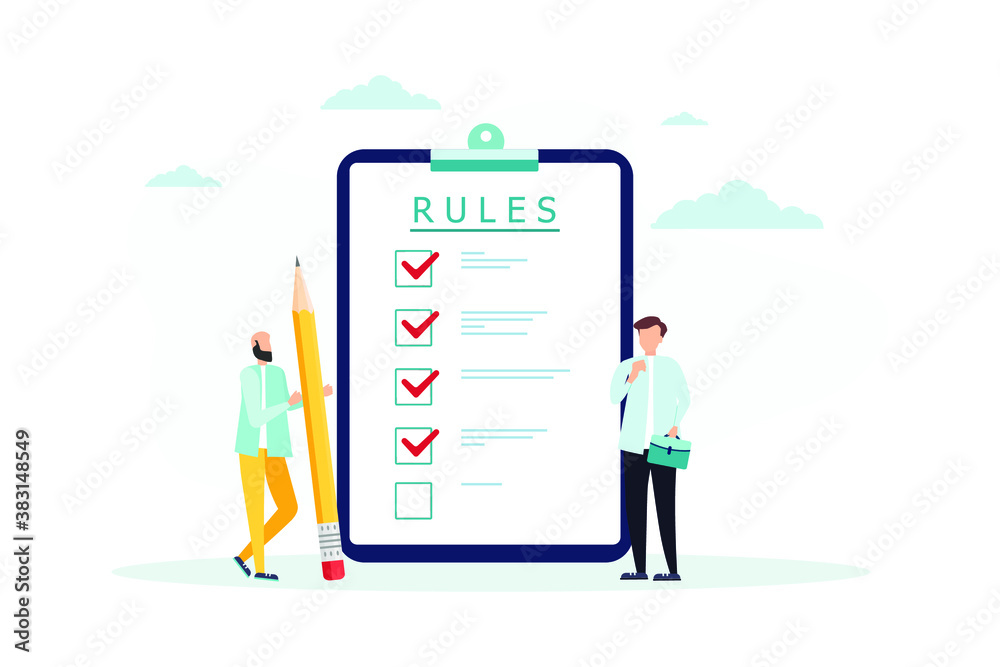 Rules vector illustration. Flat tiny regulations checklist persons concept. Restricted graphic writing with law information. Society control guidelines and strategy for company order and restrictions. Rules vector illustration. Flat tiny regulations checklist persons concept. Restricted graphic writing with law information. Society control guidelines and strategy for company order and restrictions.