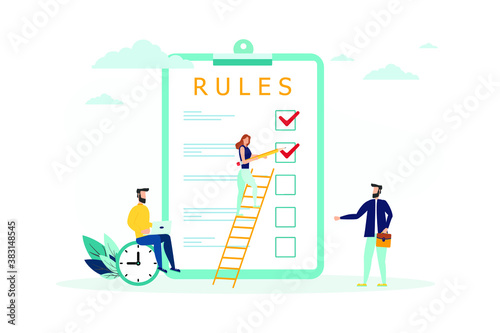 Rules vector illustration. Flat tiny regulations checklist persons concept. Restricted graphic writing with law information. Society control guidelines and strategy for company order and restrictions.