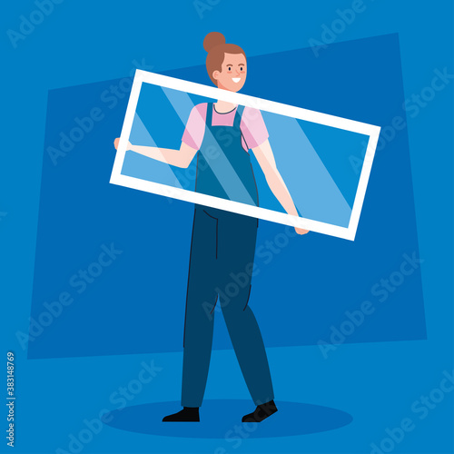 woman cartoon with construction window design of remodeling working and repairing theme Vector illustration