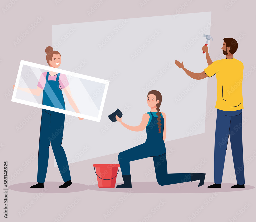 Fototapeta premium man and women with construction hammer window sponge and bucket design of remodeling working and repairing theme Vector illustration