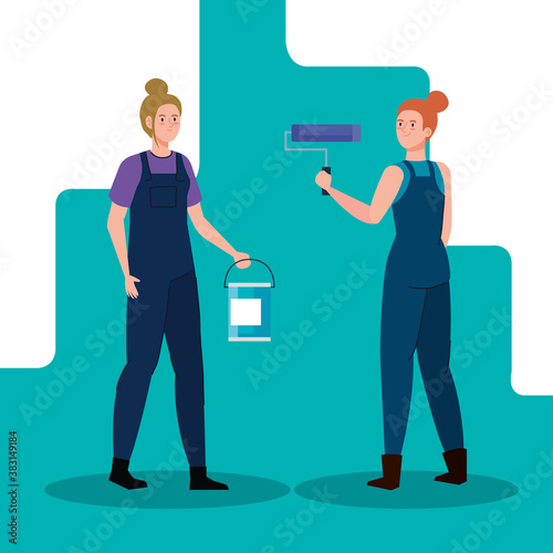 women cartoons painting with roll and bucket design of remodeling construction working and repairing theme Vector illustration