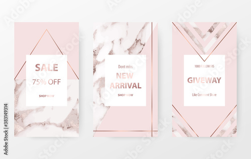 Elegant marble story templates with rose gold foil texture and geometric elements.
