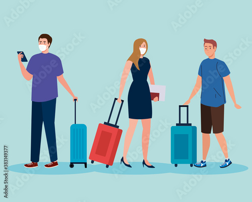 New normal of men and woman with mask and travel bags design of covid 19 virus and airport theme Vector illustration