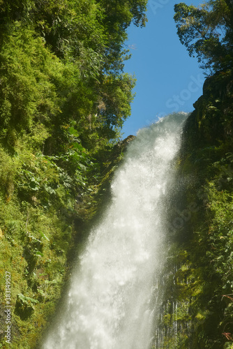 Salto las Cascadas falls at Llanguihue lake and Osorno Volcano  Puerto Varas  Chile  South America.