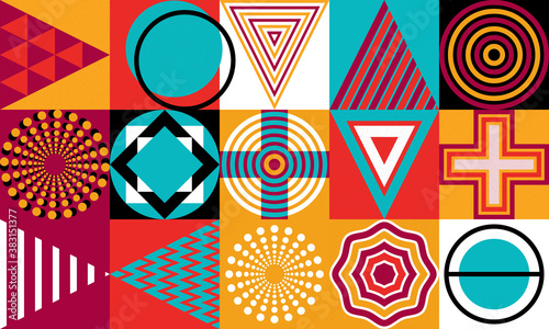 The background is assembled from geometric shapes into a simple flat ornament.