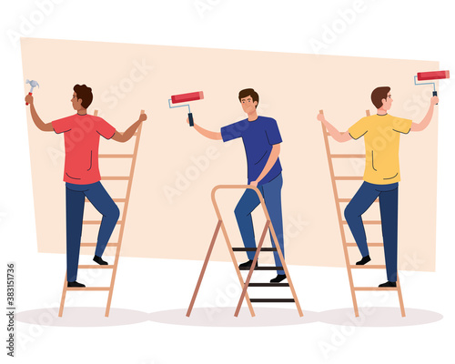 men with construction hammer and paint rolls design of remodeling working and repairing theme Vector illustration