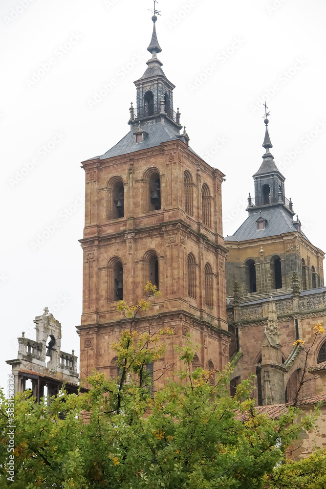 Bell tower of the Cathedral of Santa María de Astorga, Municipality of Astorga, province of Leon, autonomous community of Castile and Leon, Spain