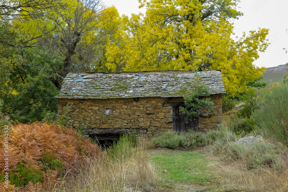 Old mill house, made entirely of stone, with lots of vegetation around, small village of Quintanilla, province of Zamora, autonomous community of Castile and Leon, Spain