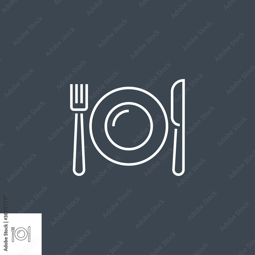 Plate, Fork and Knife Icon. Plate, Fork and Knife Related Vector Line Icon. Isolated on Black Background. Editable Stroke. Plate, Fork and Knife Icon. Plate, Fork and Knife Related Vector Line Icon. Isolated on Black Background. Editable Stroke.