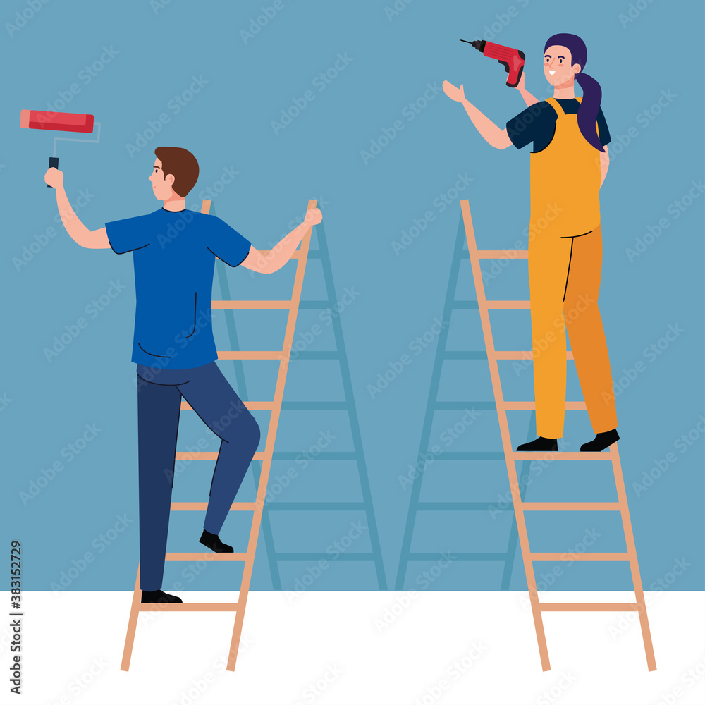 man and woman with construction drill and paint roll on ladders design of remodeling working and repairing theme Vector illustration