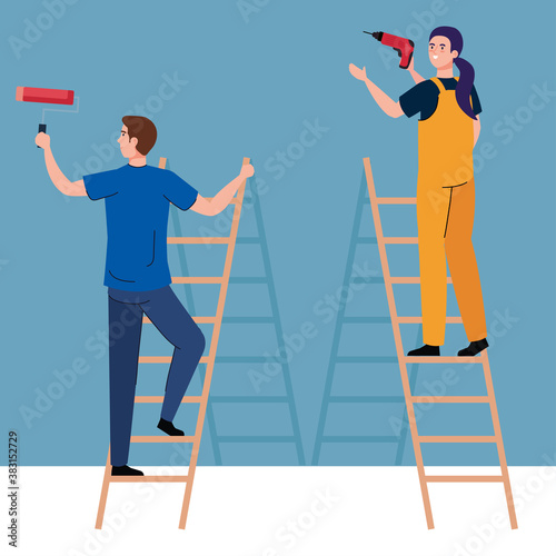 man and woman with construction drill and paint roll on ladders design of remodeling working and repairing theme Vector illustration