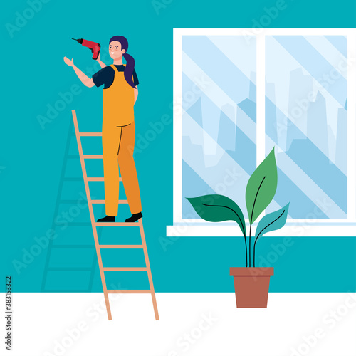 woman cartoon with construction drill on ladder design of remodeling working and repairing theme Vector illustration