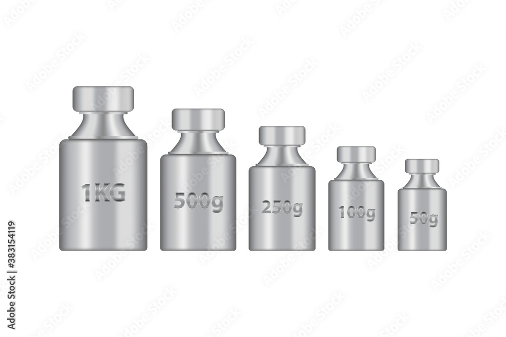 Kg weight mass silver chrome metal realistic vector set. Old press collection in realistic design. Steel plummet set isolated on white background. Weight pictogram. Metrical system of units