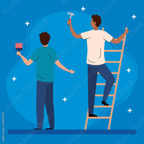 men with construction hammer paint brush and ladder design of remodeling working and repairing theme Vector illustration