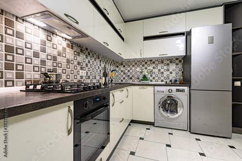 Black and white modern kitchen interior photo