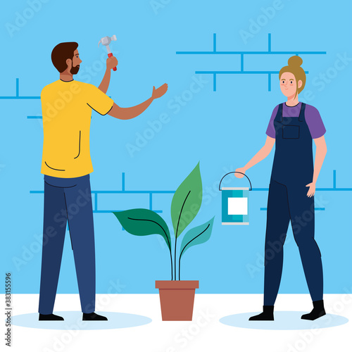 woman and man with construction hammer and paint bucket design of remodeling working and repairing theme Vector illustration