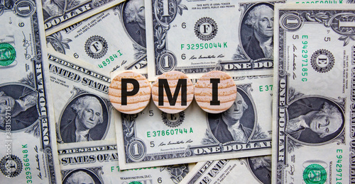 Concept word 'PMI - purchasing managers index' on wooden circles on a beautiful background from dollar bills. Business concept. photo