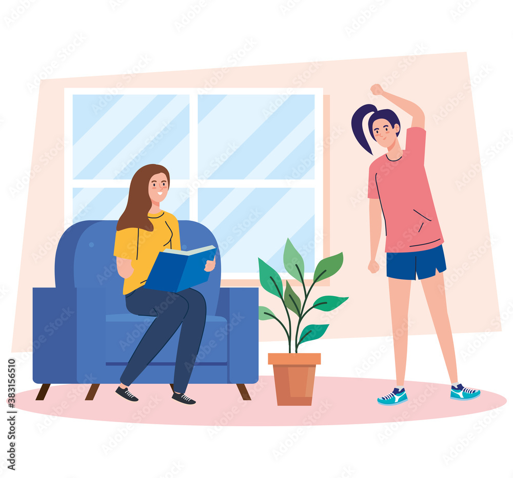 women reading a book and stretching at home design of Activity and leisure theme Vector illustration women reading a book and stretching at home design of Activity and leisure theme Vector illustration