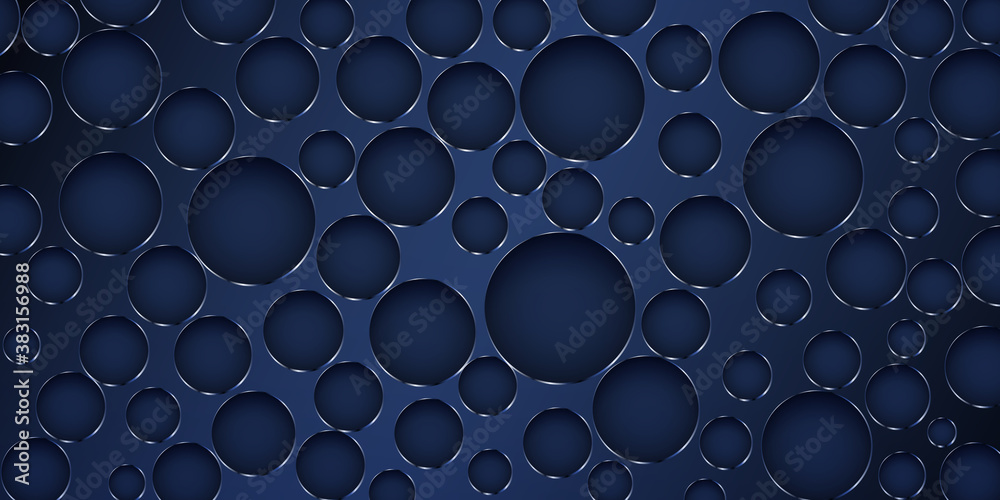 Abstract background made of big holes in different sizes with shiny edges in dark blue colors