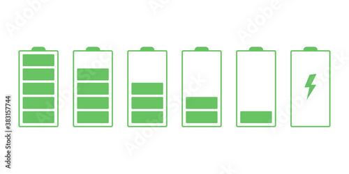 Battery charge indicator green icons set for UI design. Battery different charging levels form low to high collection