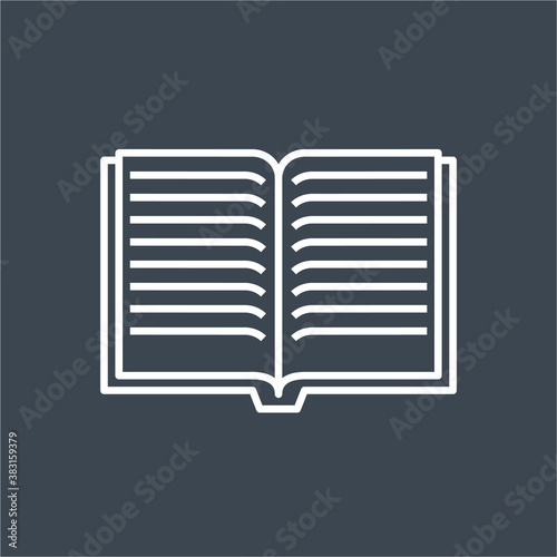 Book related vector thin line icon. Open book with lines. Isolated onblack background. Editable stroke. Vector illustration.