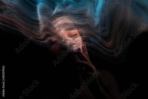 lightpainting portrait, new art direction, long exposure photo without photoshop, light drawing at long exposure 