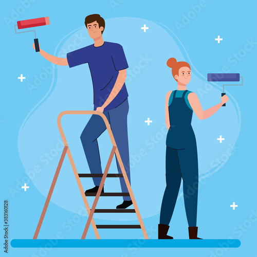 woman and man cartoons painting with roll and ladder design of remodeling construction working and repairing theme Vector illustration