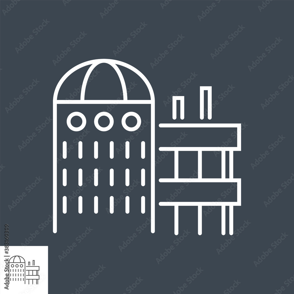 Laboratory Building related vector thin line icon. Isolated on black background. Editable stroke. Vector illustration