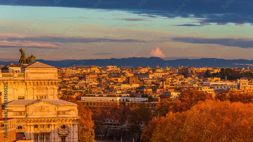 Fototapeta premium Rome historic center skyline at sunset with the Old Palace of Justice and autumn red leaves