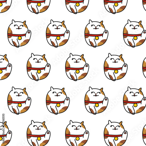 maneki neko seamless doodle pattern, vector color illustration