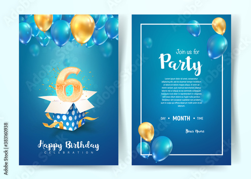 Celebration of 6 th years birthday vector invitation cards. Six years anniversary celebration. Print templates of invitational on blue background