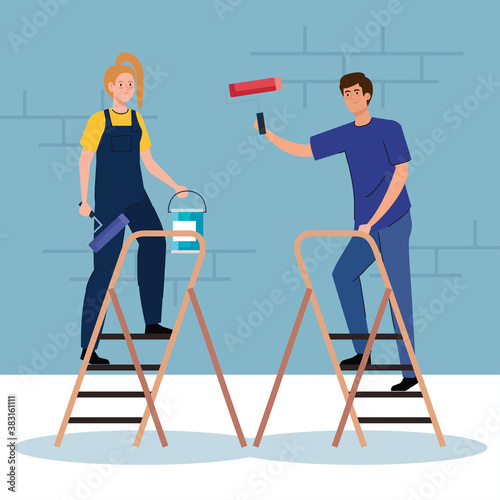 woman and man cartoons painting with roll bucket and ladder design of remodeling construction working and repairing theme Vector illustration