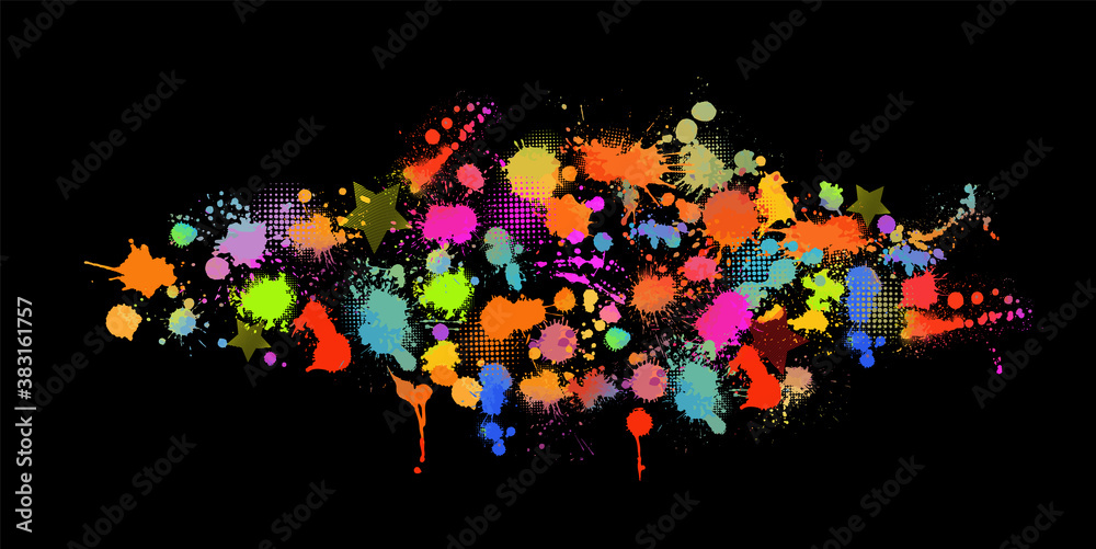 Set Multi-colored spots of paint on a black background. Mixed media. Vector illustration.