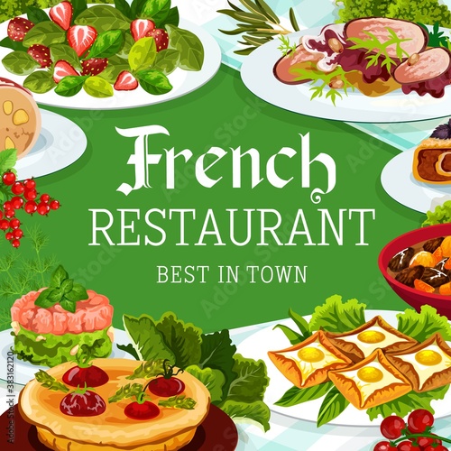 French cuisine, vector France meals dob beef and pork ham, breton pancakes, cabbage stuffed with meat. Quiche with tomatoes, salad with spinach and strawberries, bacon liver plate food dishes, poster